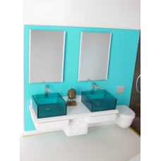 Dual Vanity Unit with Toilet - White Top with Blue Back Wall