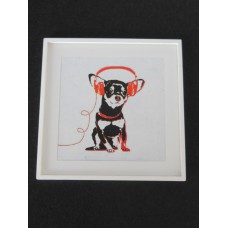 Dog with Red Headphones White Frame