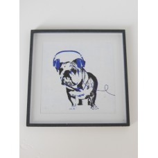 Dog with Blue Headphones Black Frame