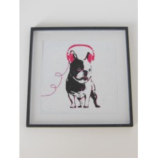 Dog with Pink Headphones Black Frame