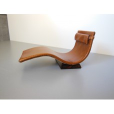 Tan Leather Chaise with Wood Base